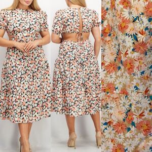 HYFVE Short Sleeve Floral Midi Open Back cotton Dress Tiered boho dress M